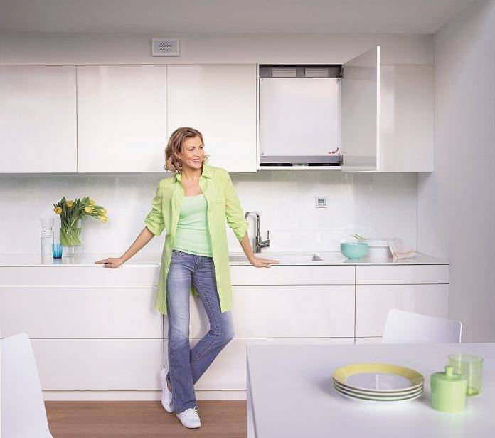 Centrální větrací jednotka Zehnder ComfoAir 180 ve skříňce v kuchyni